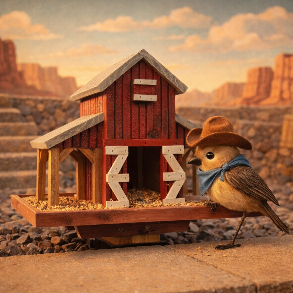 Birdhouse with a bird wearing a cowboy hat in a desert landscape