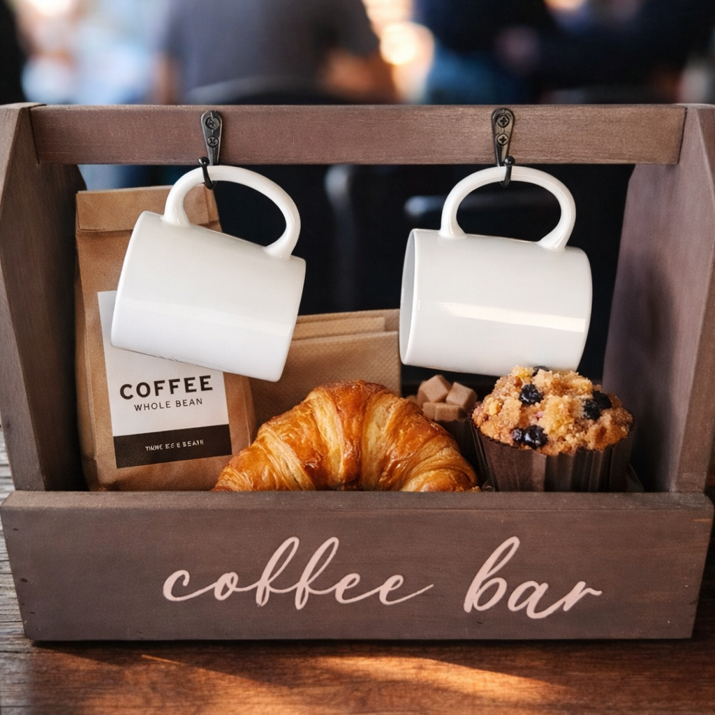 Rustic coffee bar display with white cafe mugs, croissant, muffin, and bag of coffee beans on wooden counter